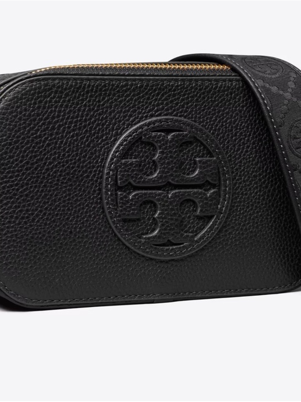 Tory Burch Black Pebbled Logo Belt Bag with Jacquard Strap